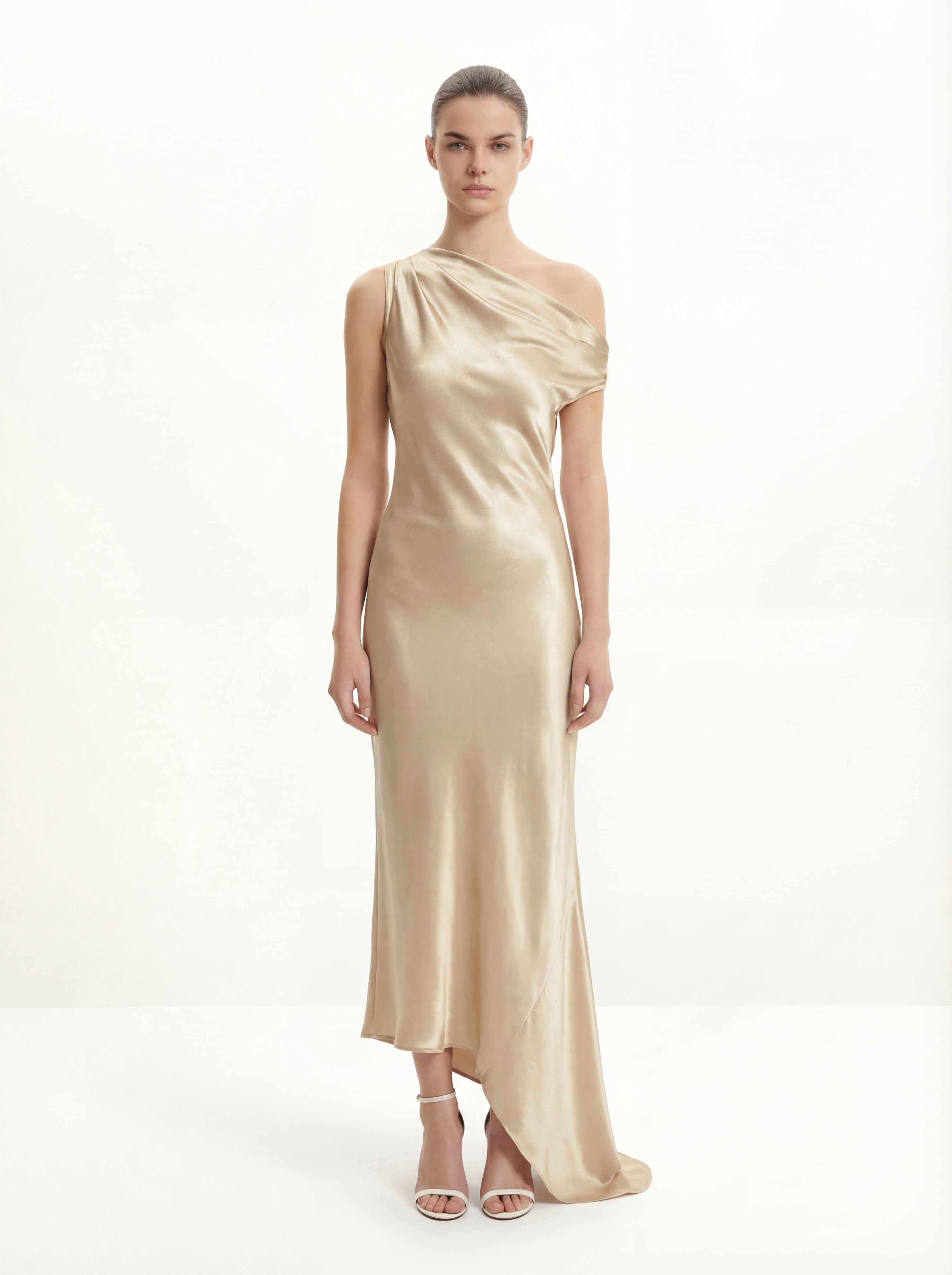 Satin Draped One-Shoulder Asymmetric Dress