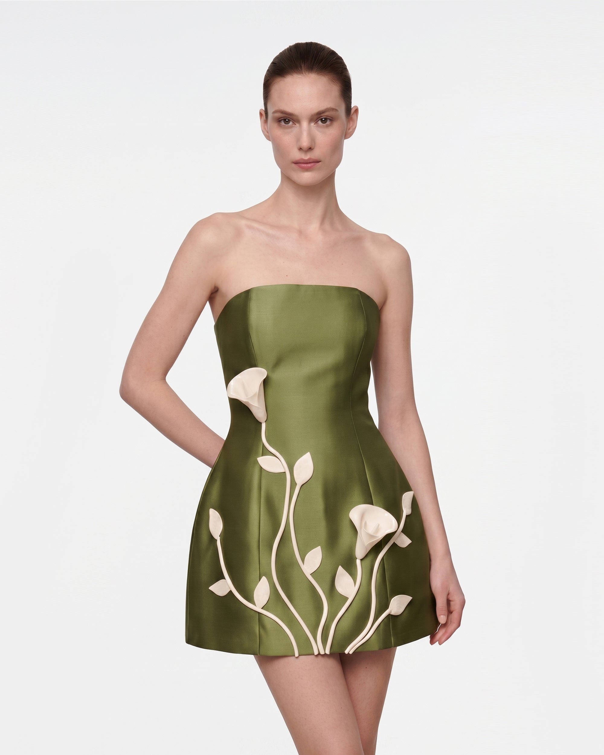 3D Vine Floral Strapless Mini Dress - Olive Green