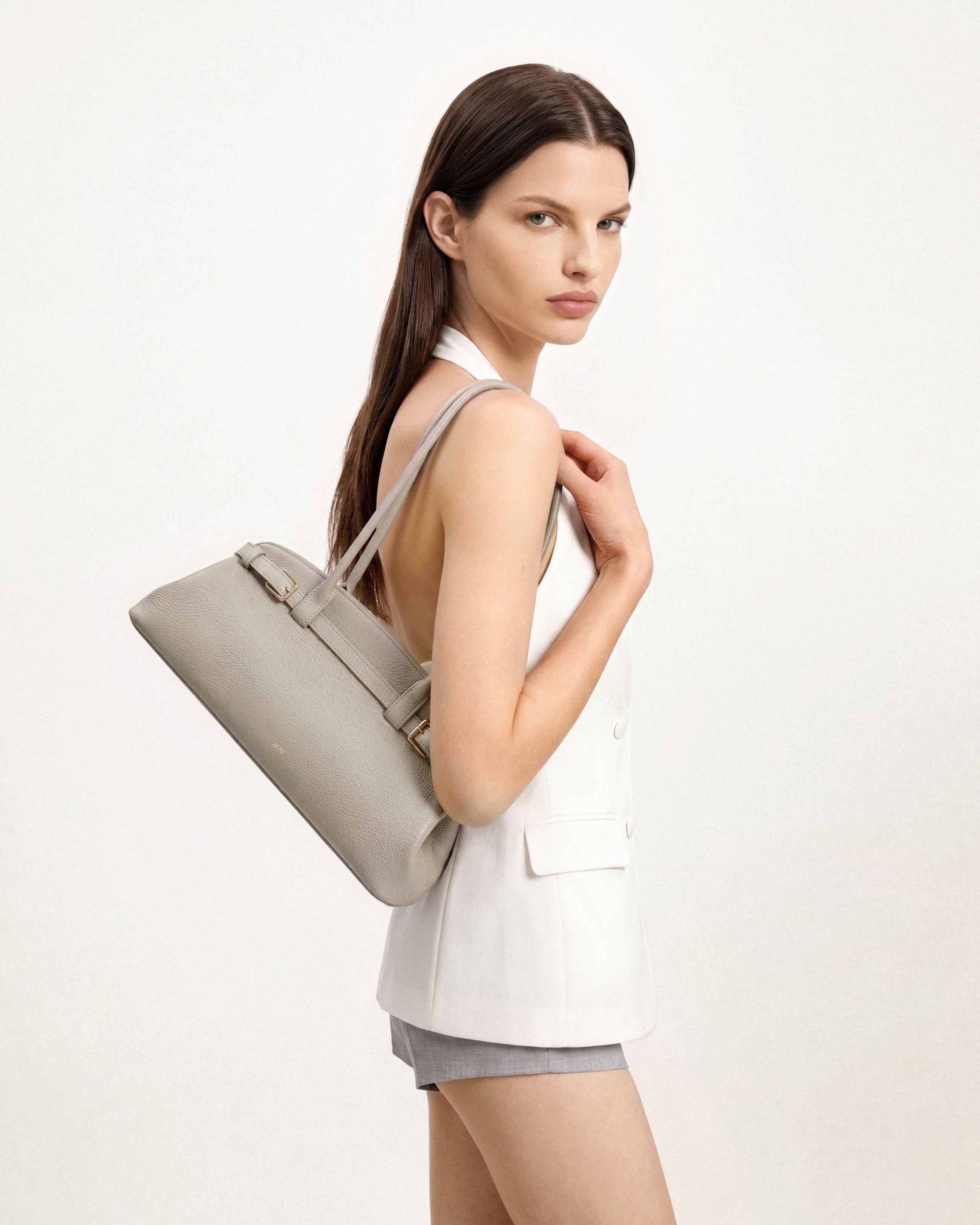 Arden Pebbled Belt Detail East-West Shoulder Bag - Taupe