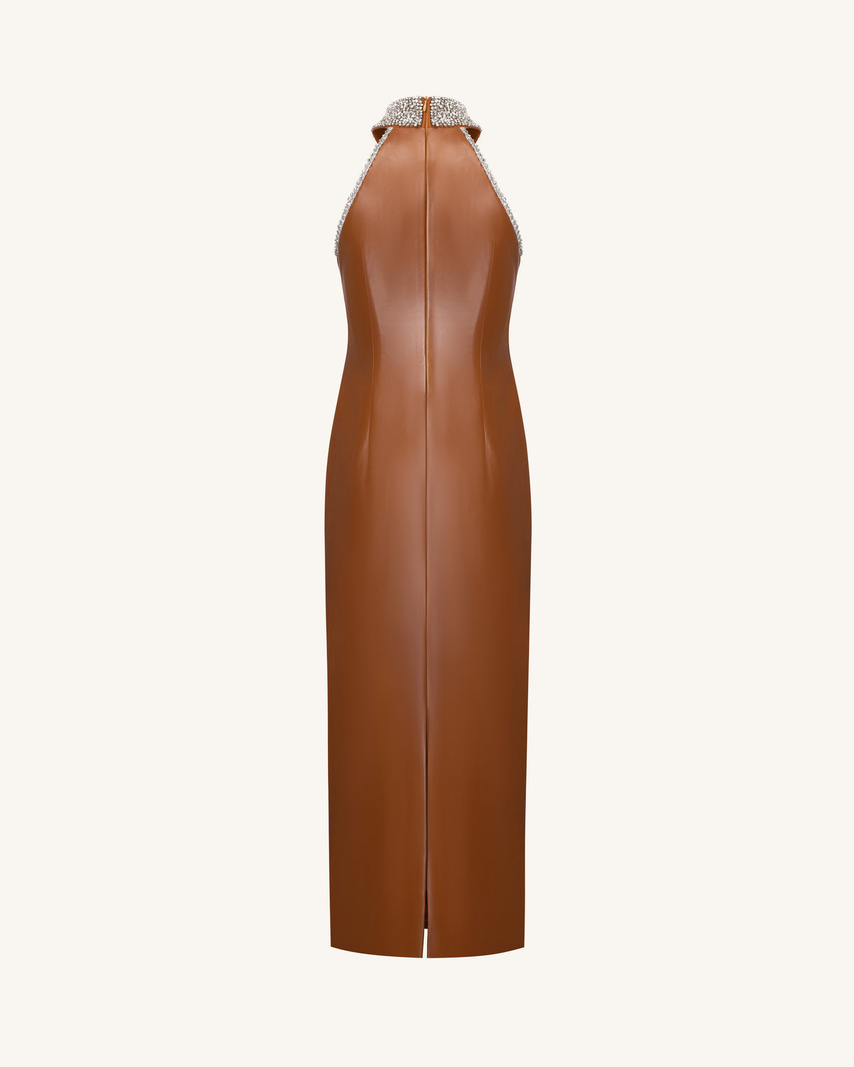 Jeweled High Neck Halter Maxi Dress - Caramel Brown