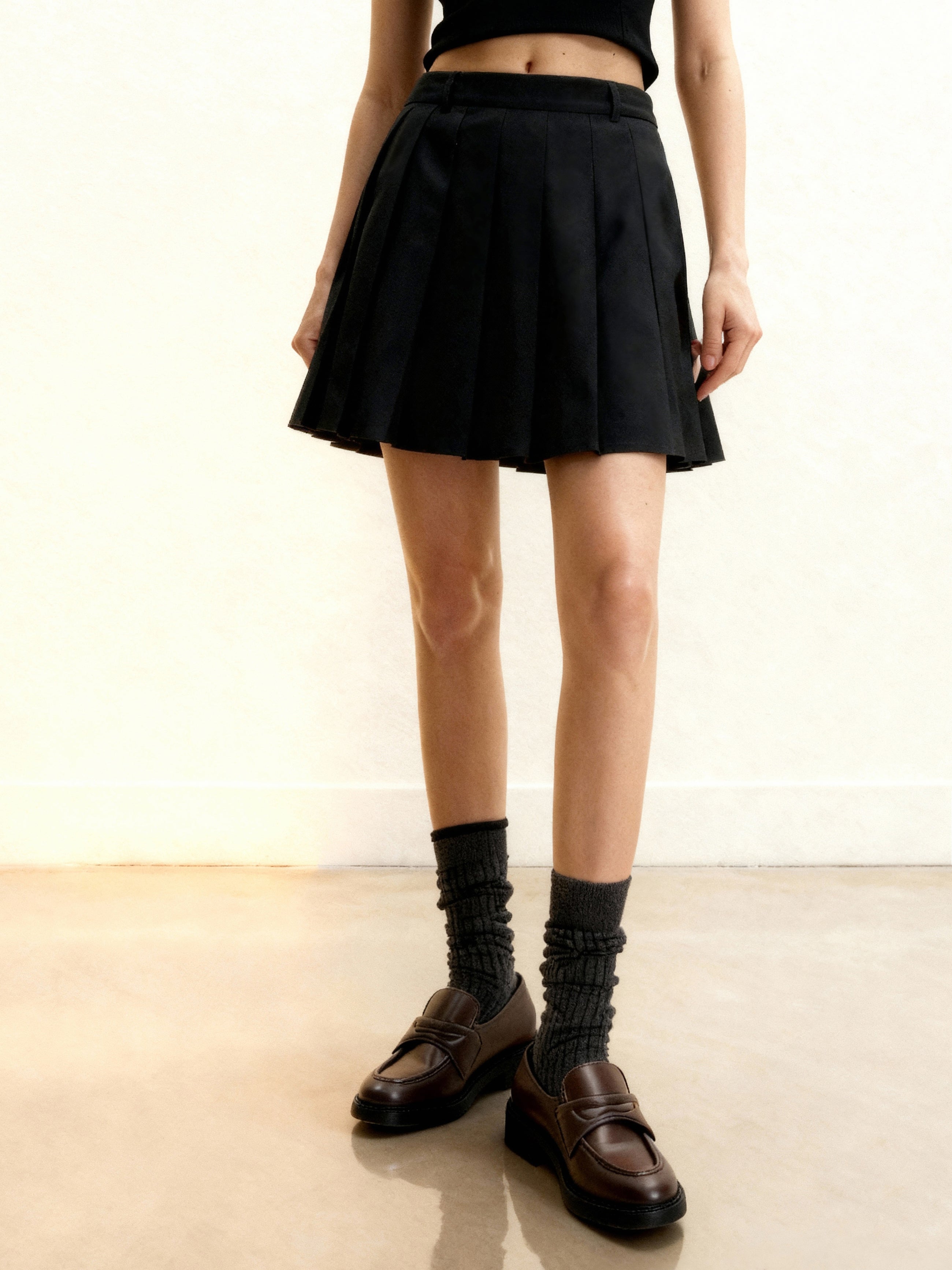Satin Pleated Mini Skirt - Black