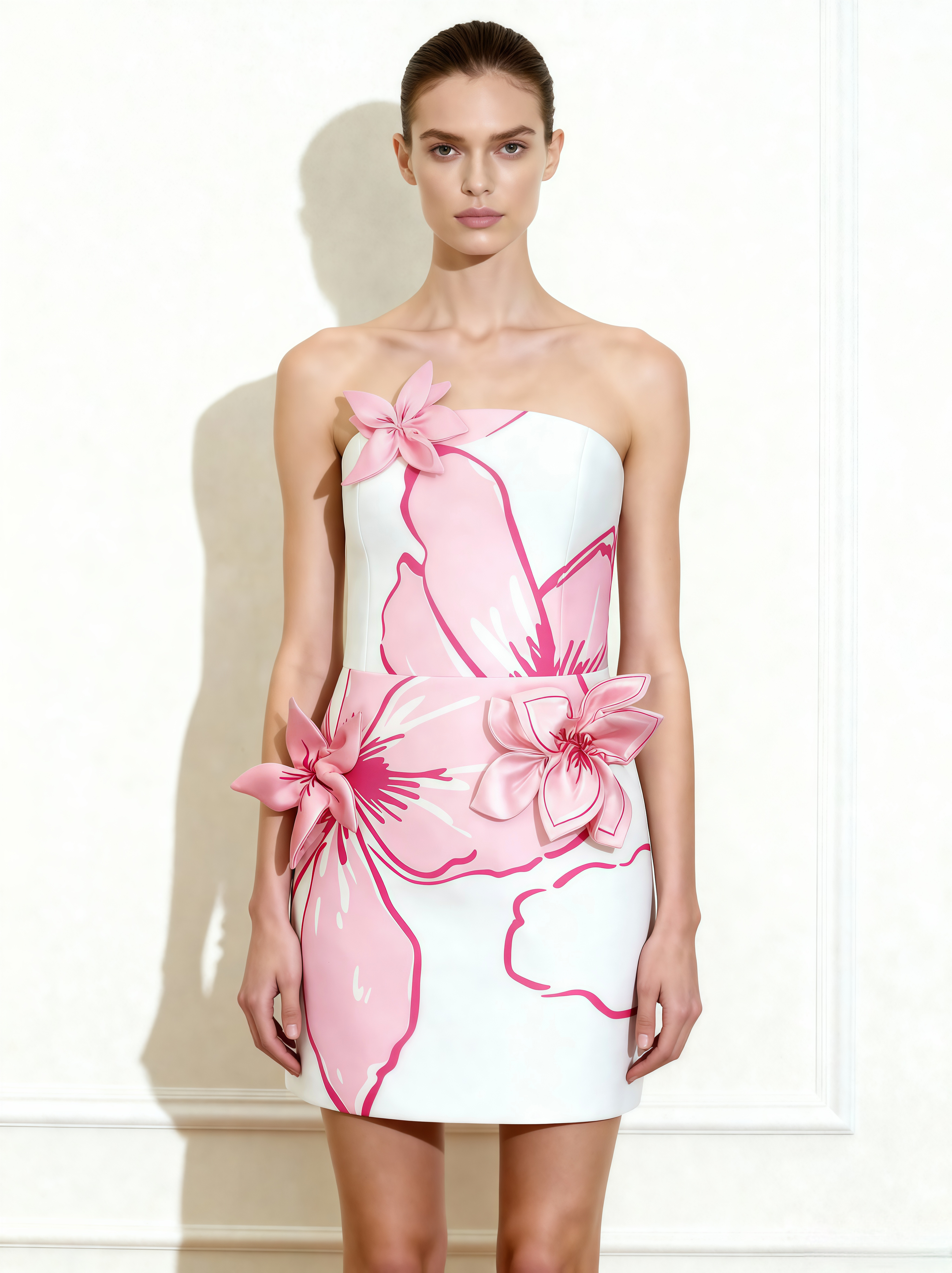 Mini Dress with Pink Floral Appliqués - White/Pink