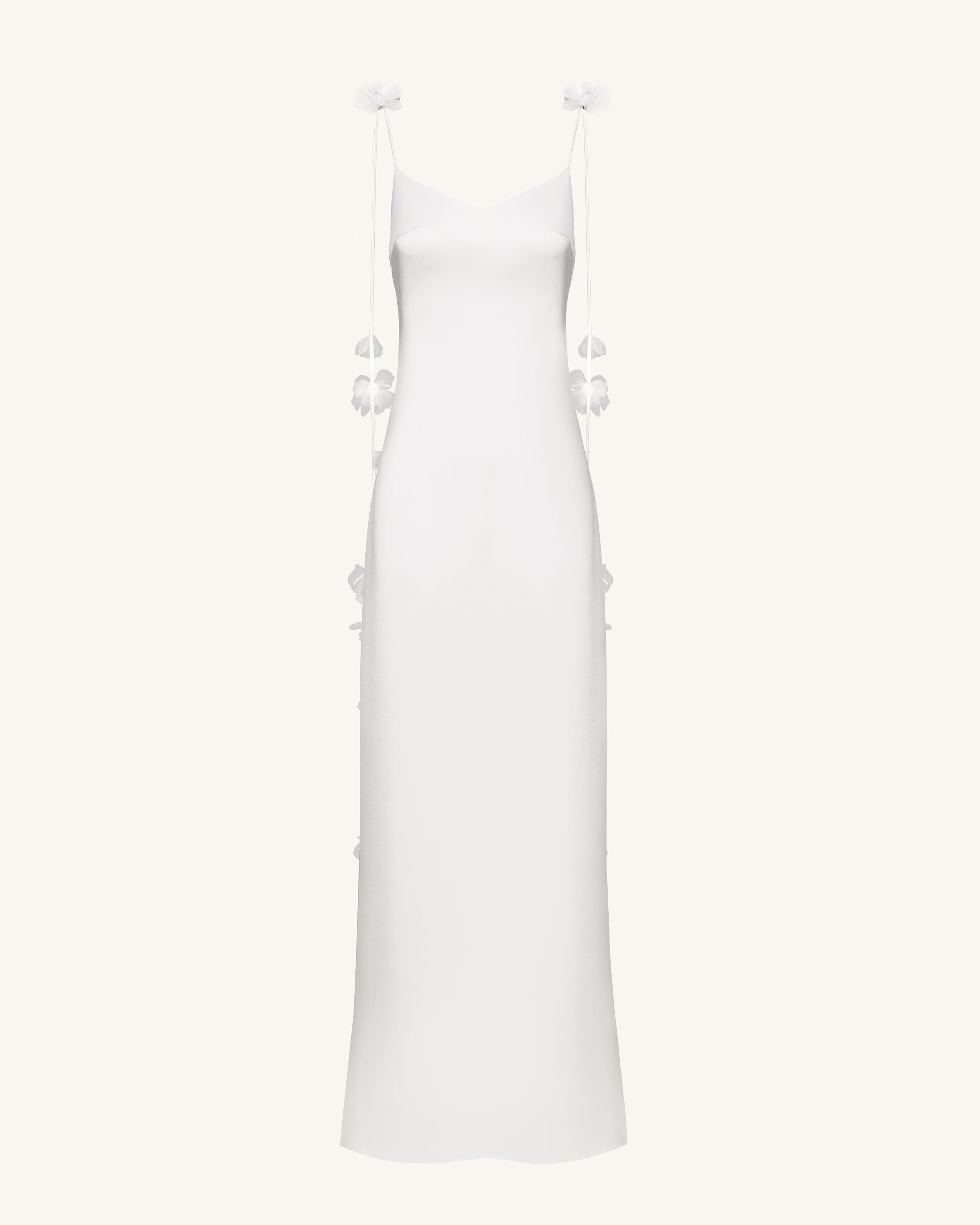 Satin Strappy Maxi Dress with Floral Streamers - White