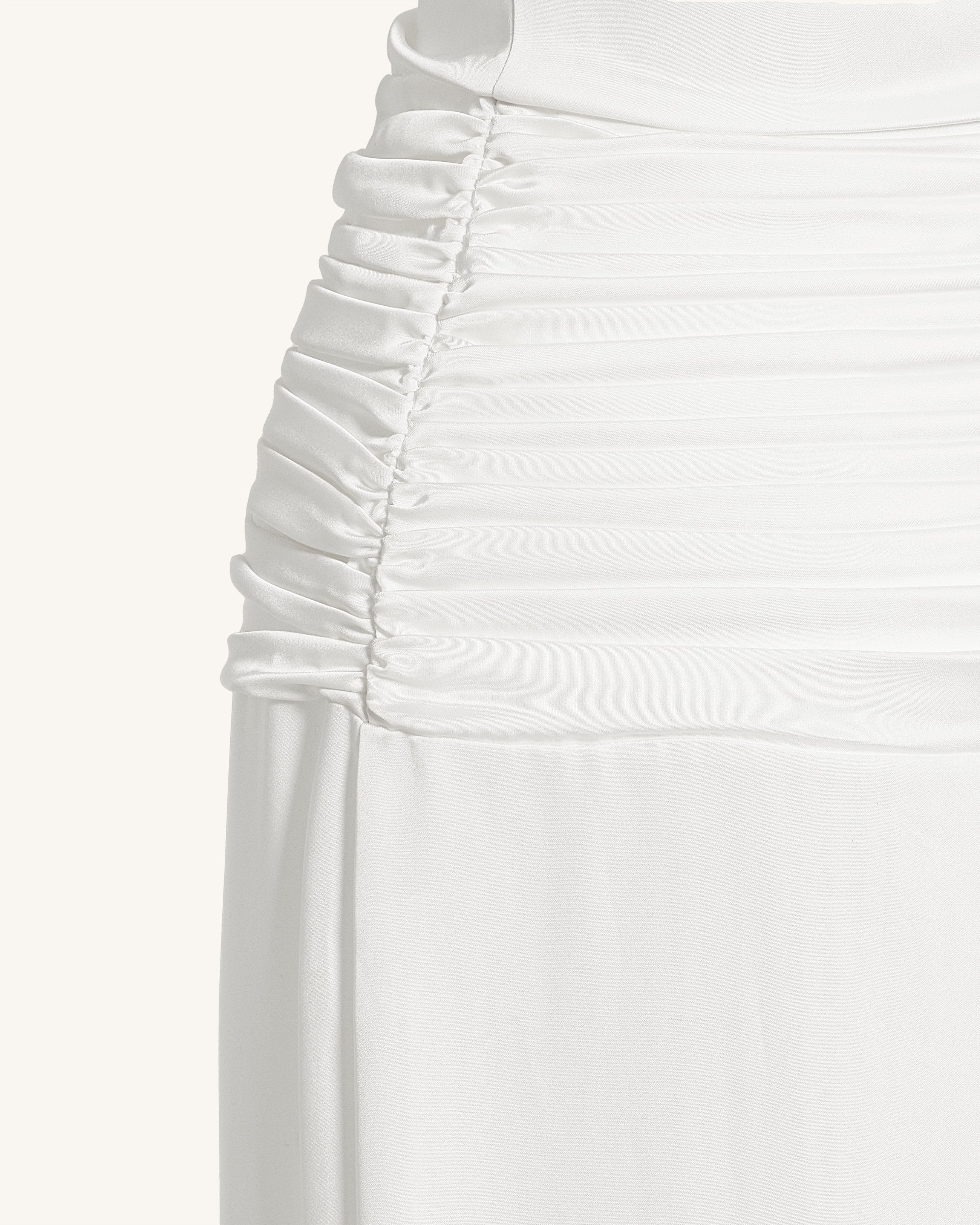 Satin Cowl Neck Ruched Maxi Gown - White