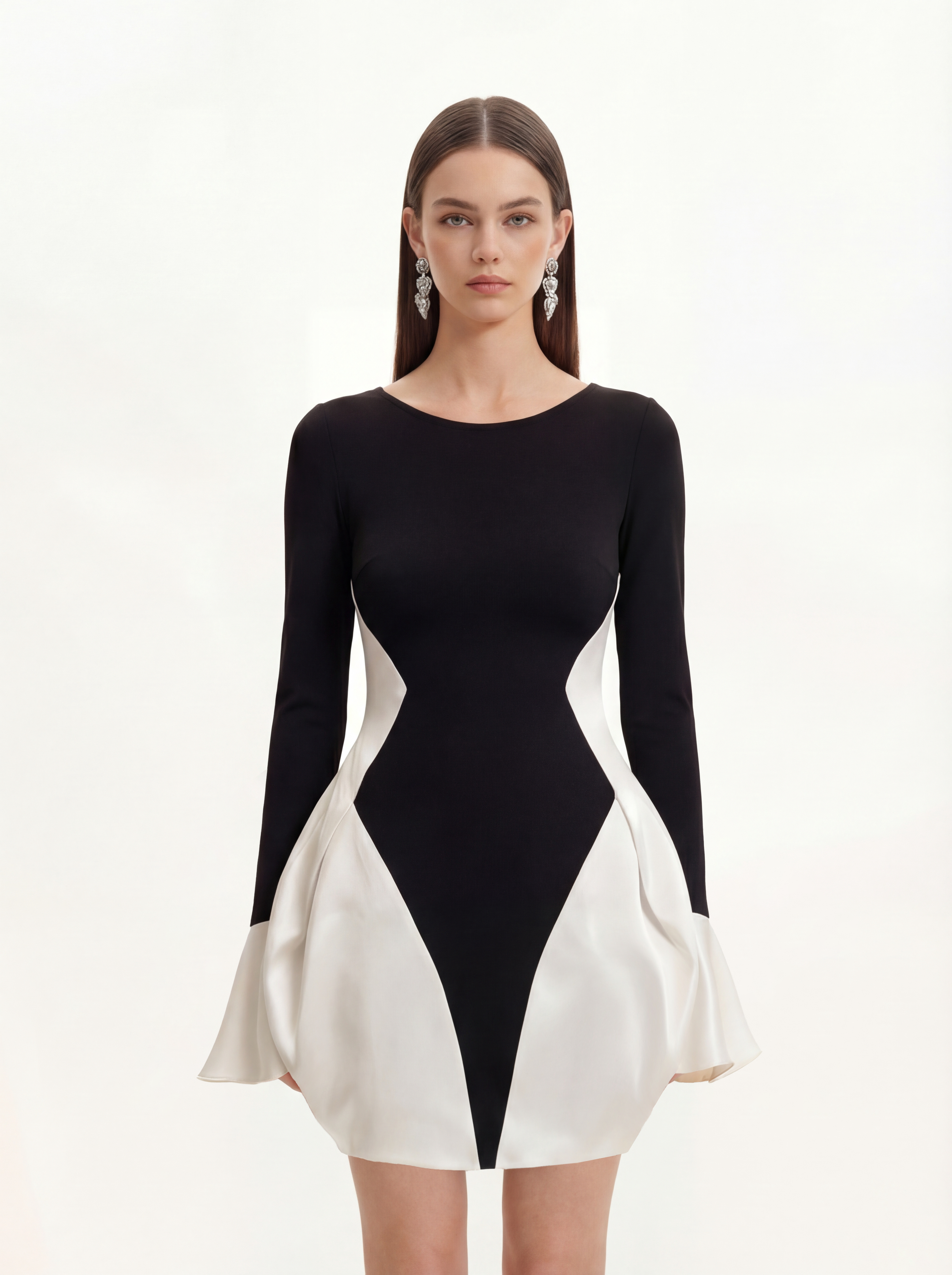 Monochrome Paneled Bell-Sleeve Mini Dress - Black