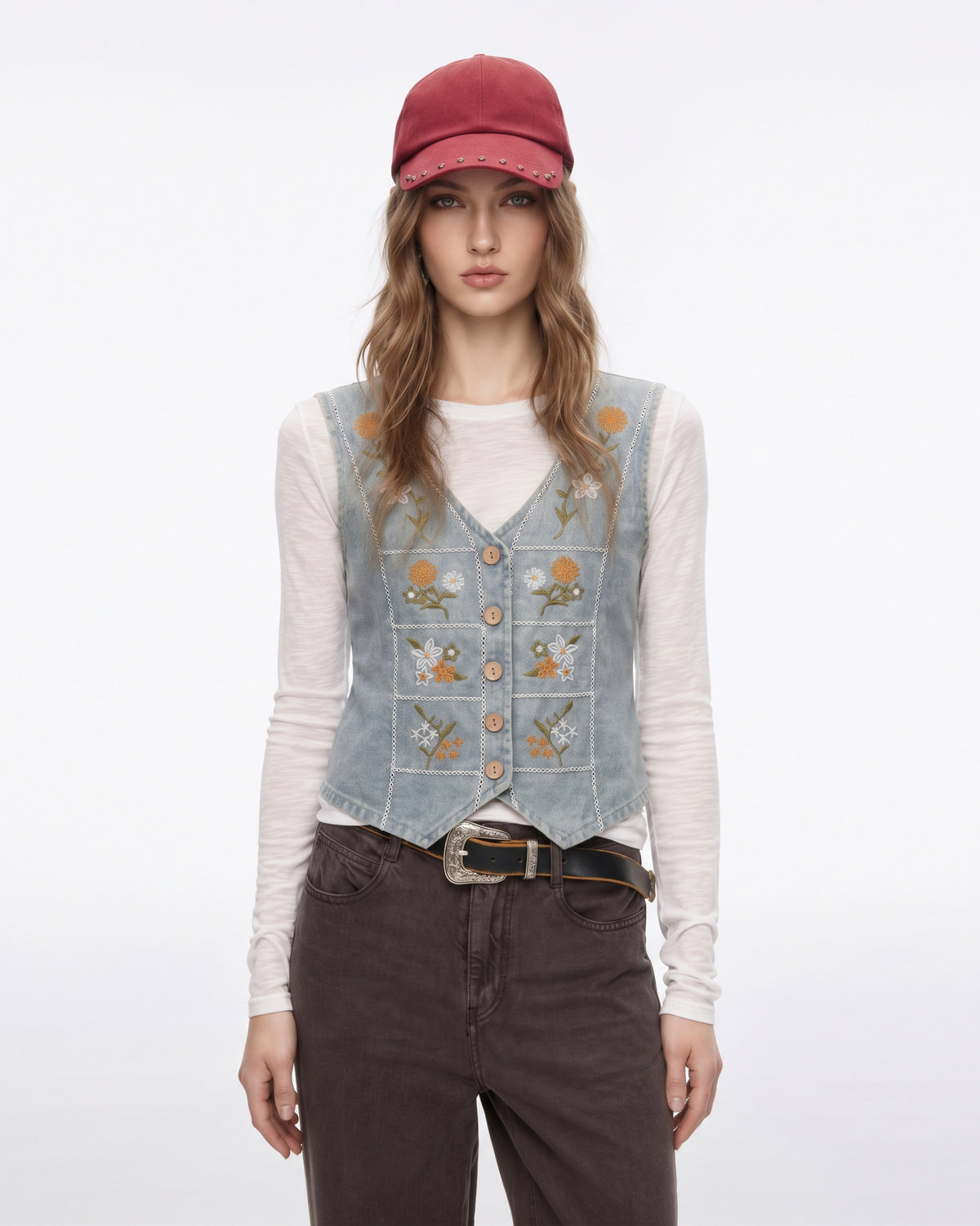 Folk Daisy Embroidered Denim Vest - Washed Sage