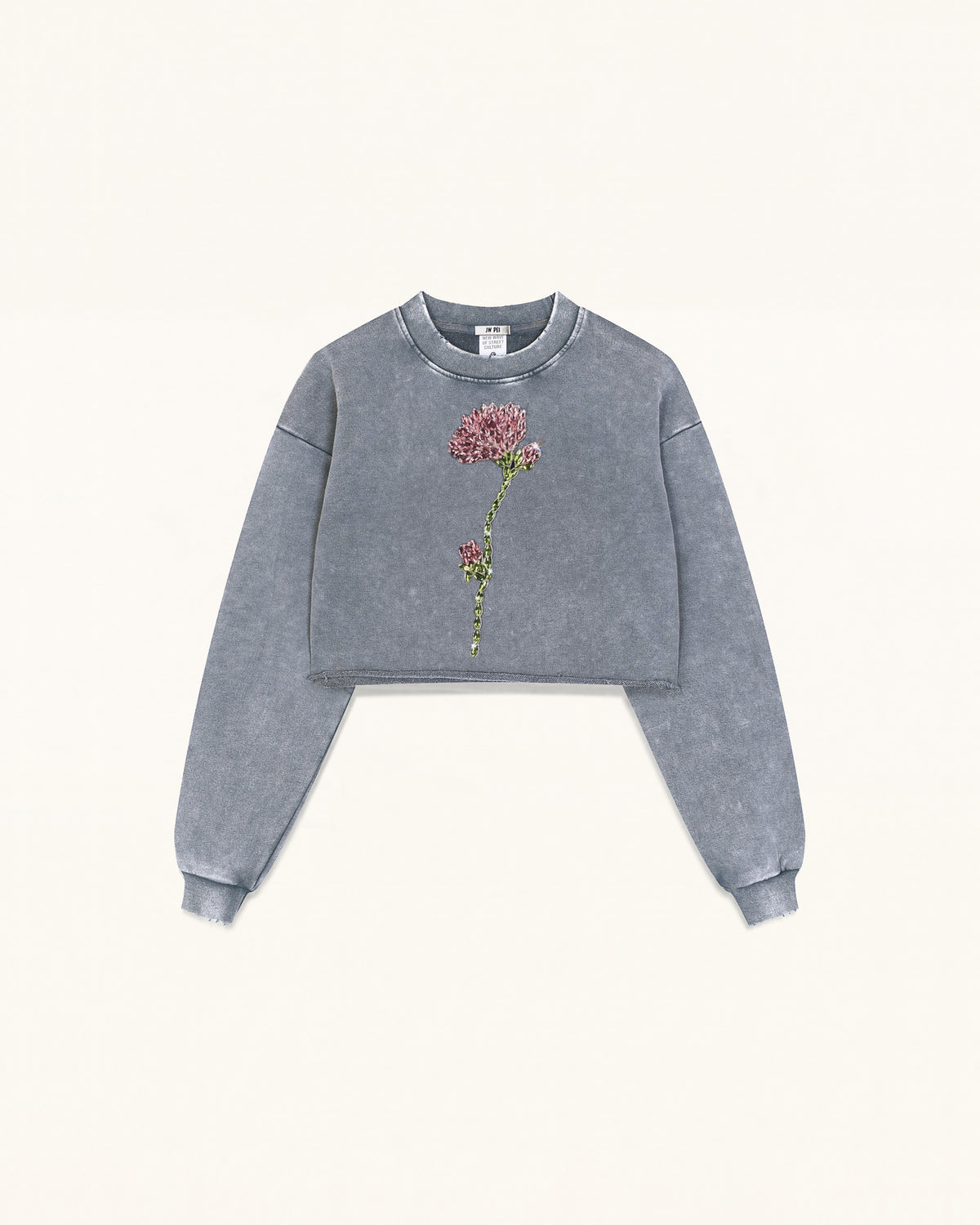 Rhinestone Rose Frayed Hem Cropped Pullover - Vintage Slate