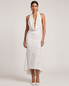 Orchid Beaded Embroidered High-Low Cowl Halter Dress - White