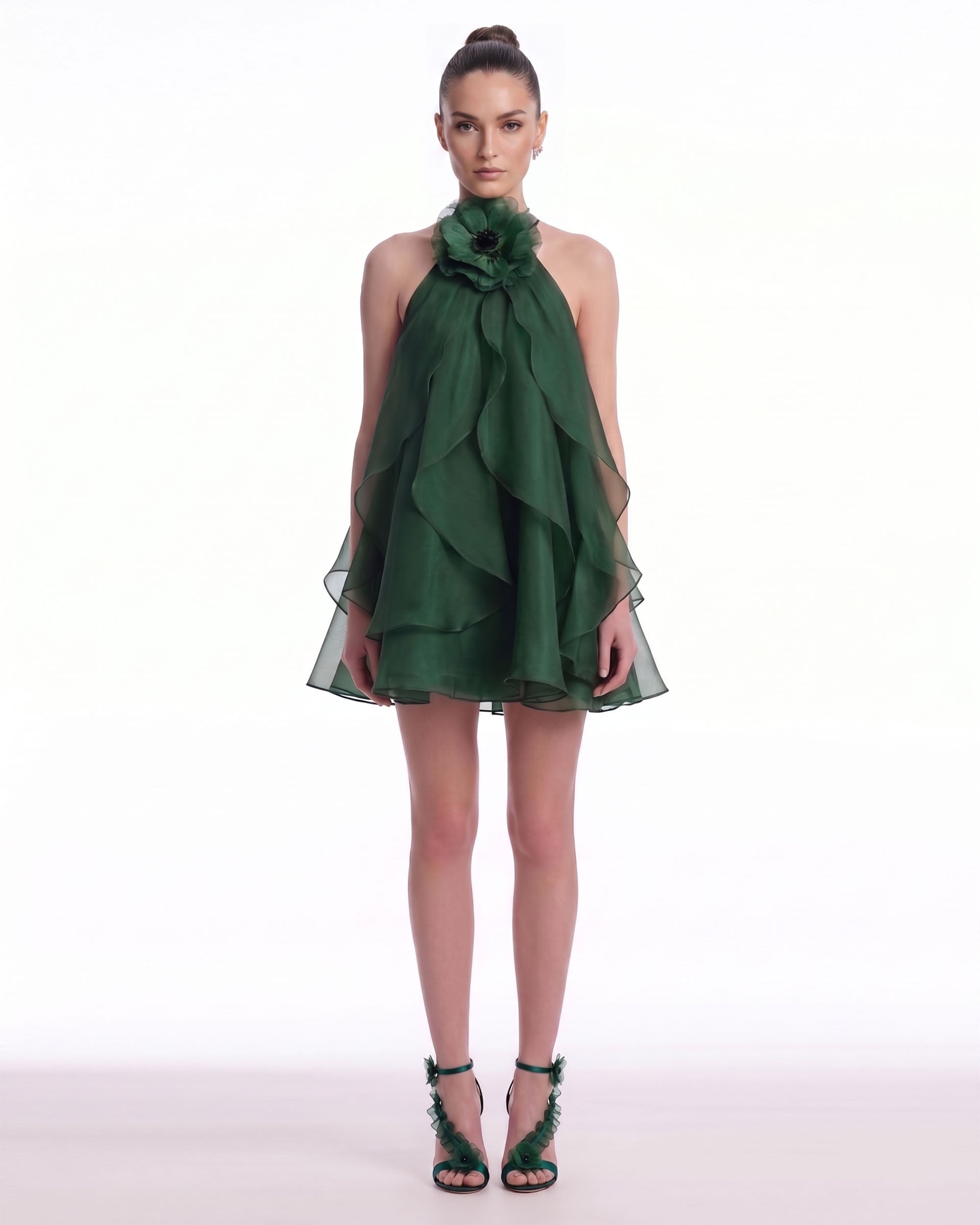 Floral Appliqué Halter Layered Mini Dress - Emerald Green