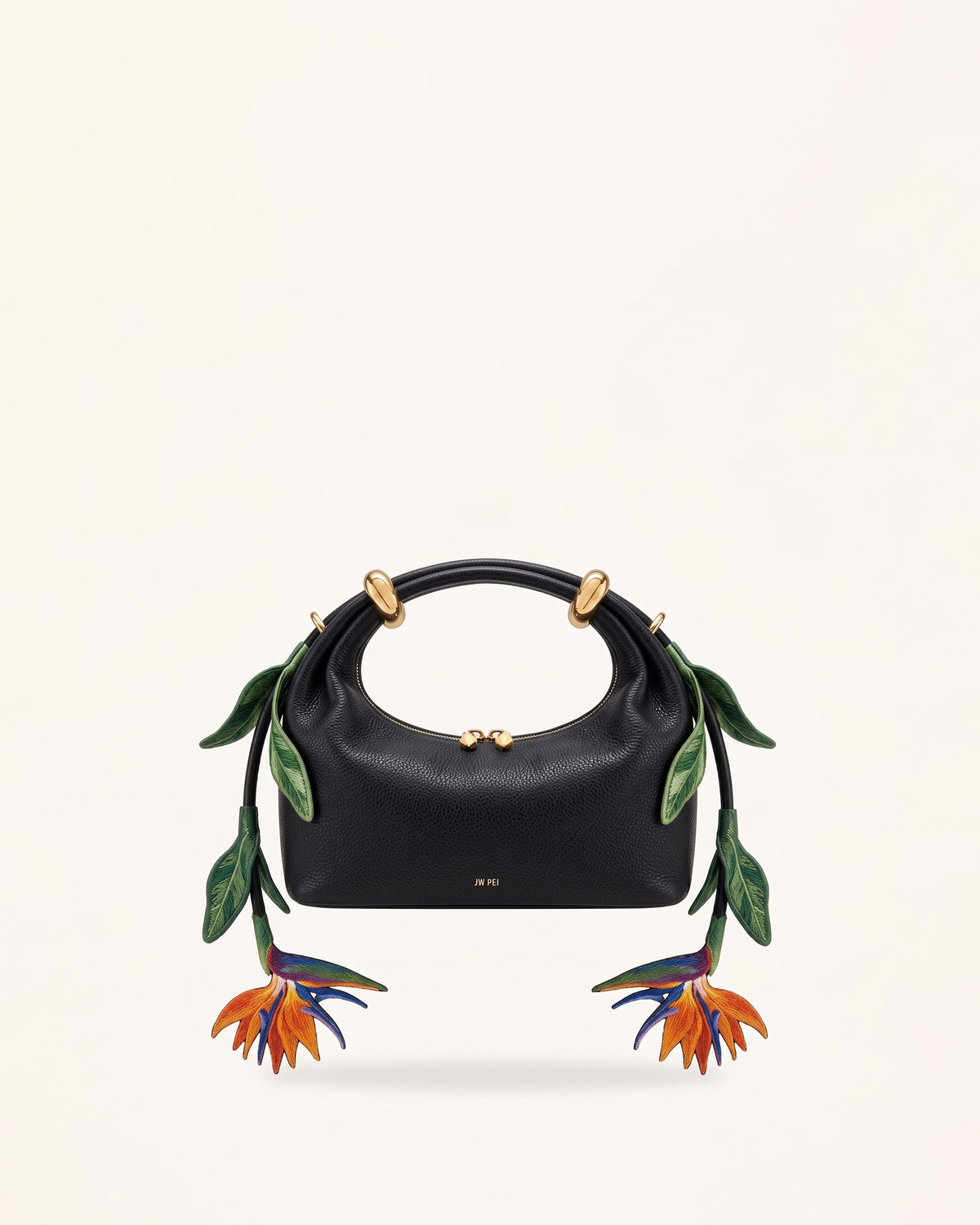 Ellie Metal Ring 3D Strelitzia Reginae Embellished Top Handle Bag - Black/Orange