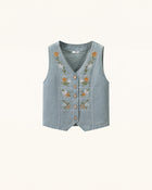 Folk Daisy Embroidered Denim Vest - Washed Sage