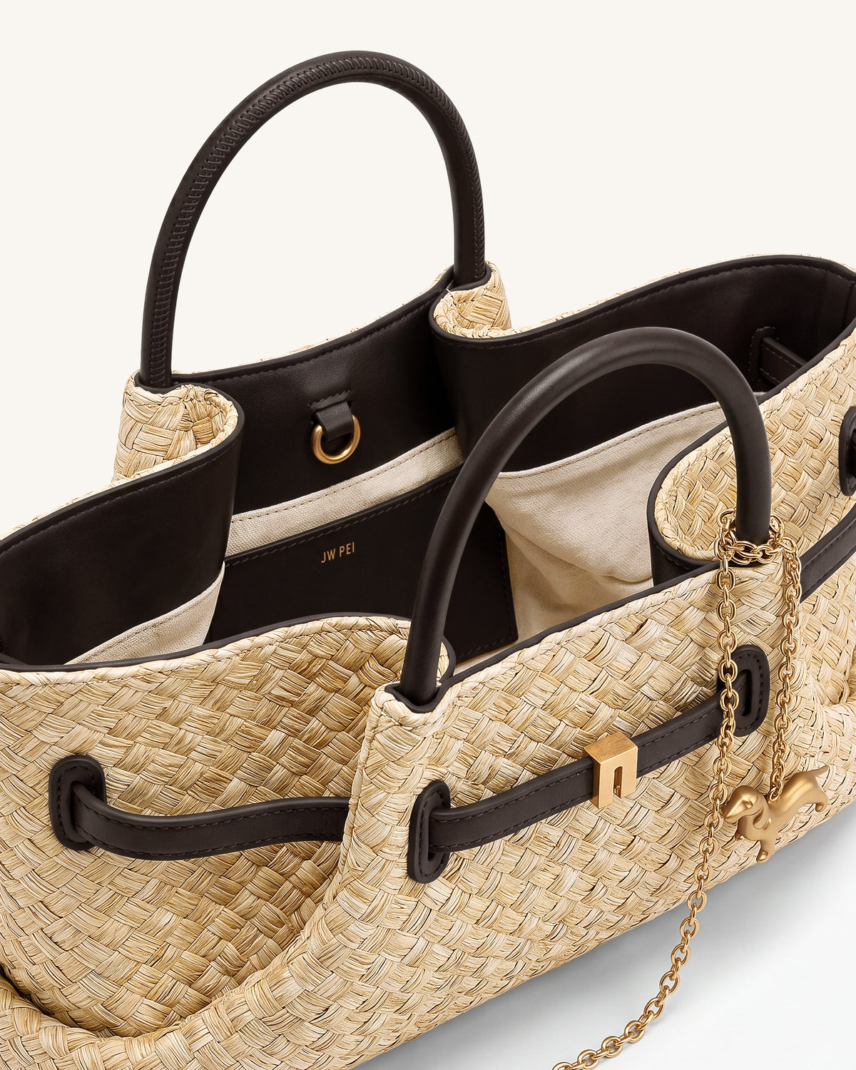 Maeve Faux Straw Dachshund Metal Charm Tote Bag - Brown