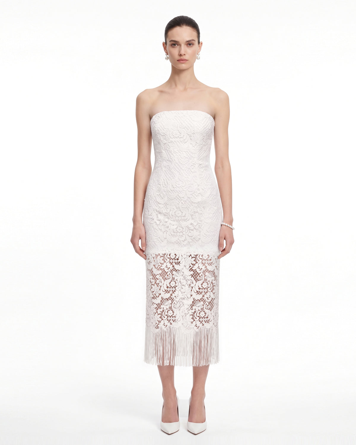 Strapless Lace Fringe Midi Dress - Ivory