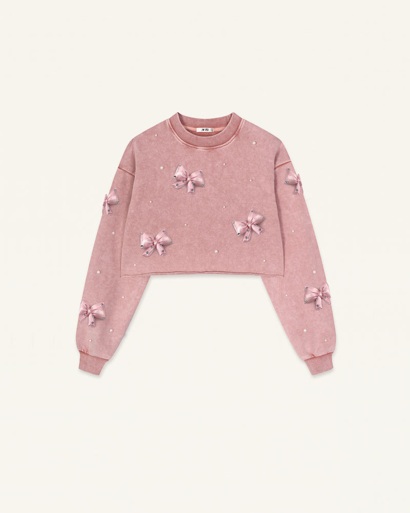 Coquette 3D Satin Bow Pearl Sweatshirt - Vintage Pink