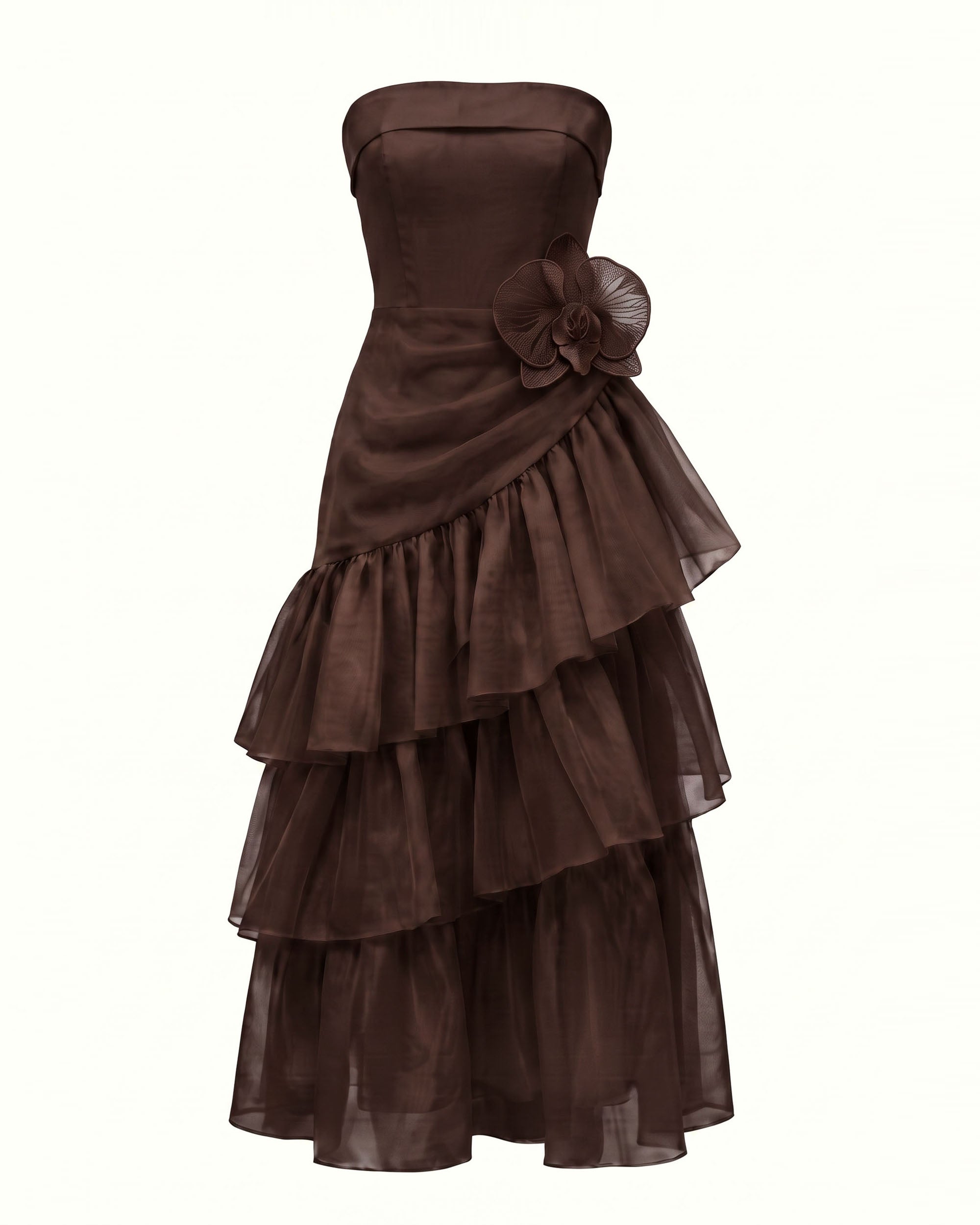 Orchid Embroidered Organza Strapless Midi Dress - Chocolate Brown
