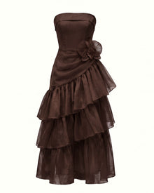 Orchid Embroidered Organza Strapless Midi Dress - Chocolate Brown
