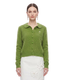 Floral Embroidered Collar Knit Cardigan - Avocado Green