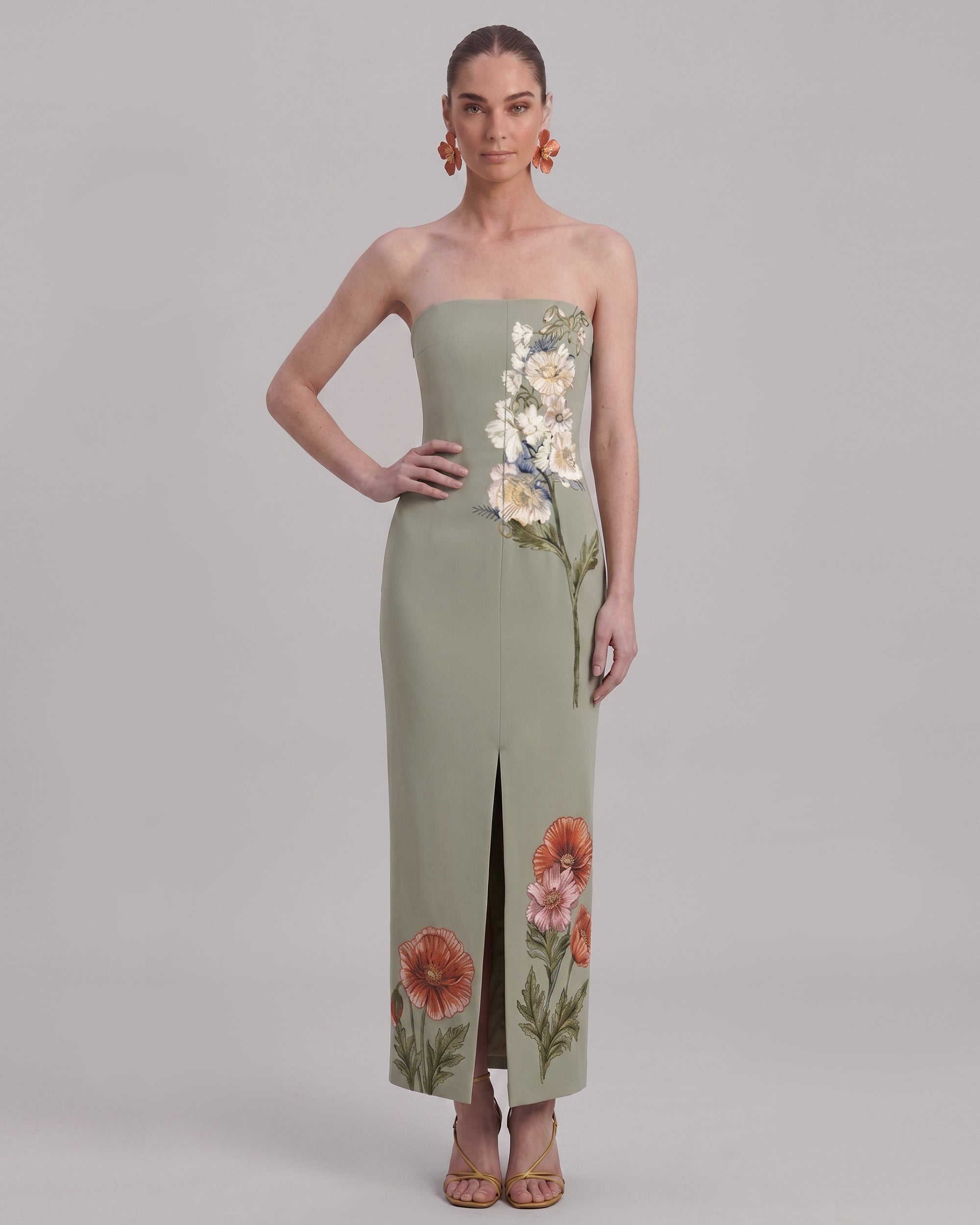 Corn Poppy Floral Strapless Slit Maxi Dress - Sage Green