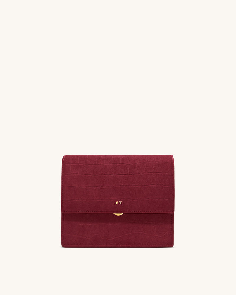 Mini Flap Faux Suede Croc Embossed Crossbody - Burgundy