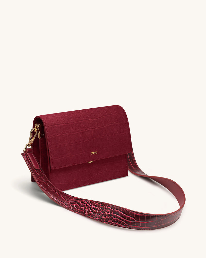 Mini Flap Faux Suede Croc Embossed Crossbody - Burgundy