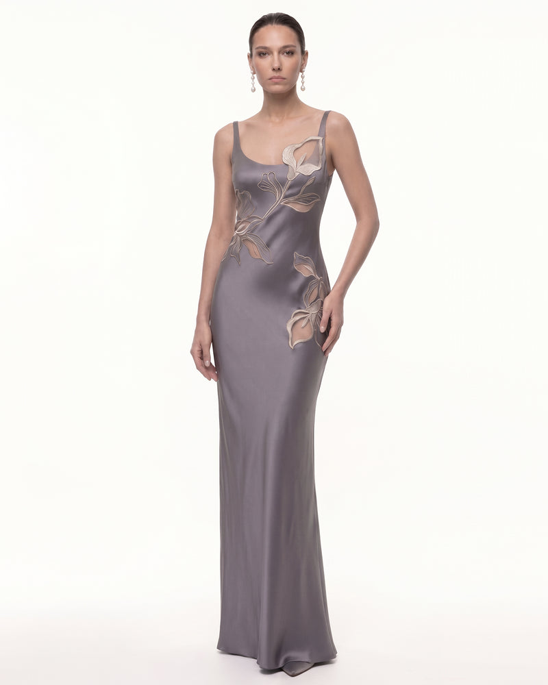 Calla Lily 3D Floral Satin Maxi Dress - Gray Purple