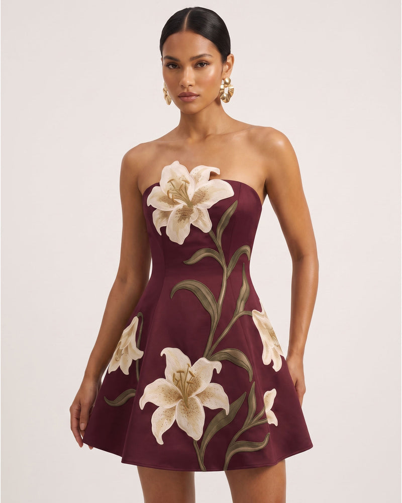 Lily Floral Print Strapless A-Line Mini Dress - Burgundy