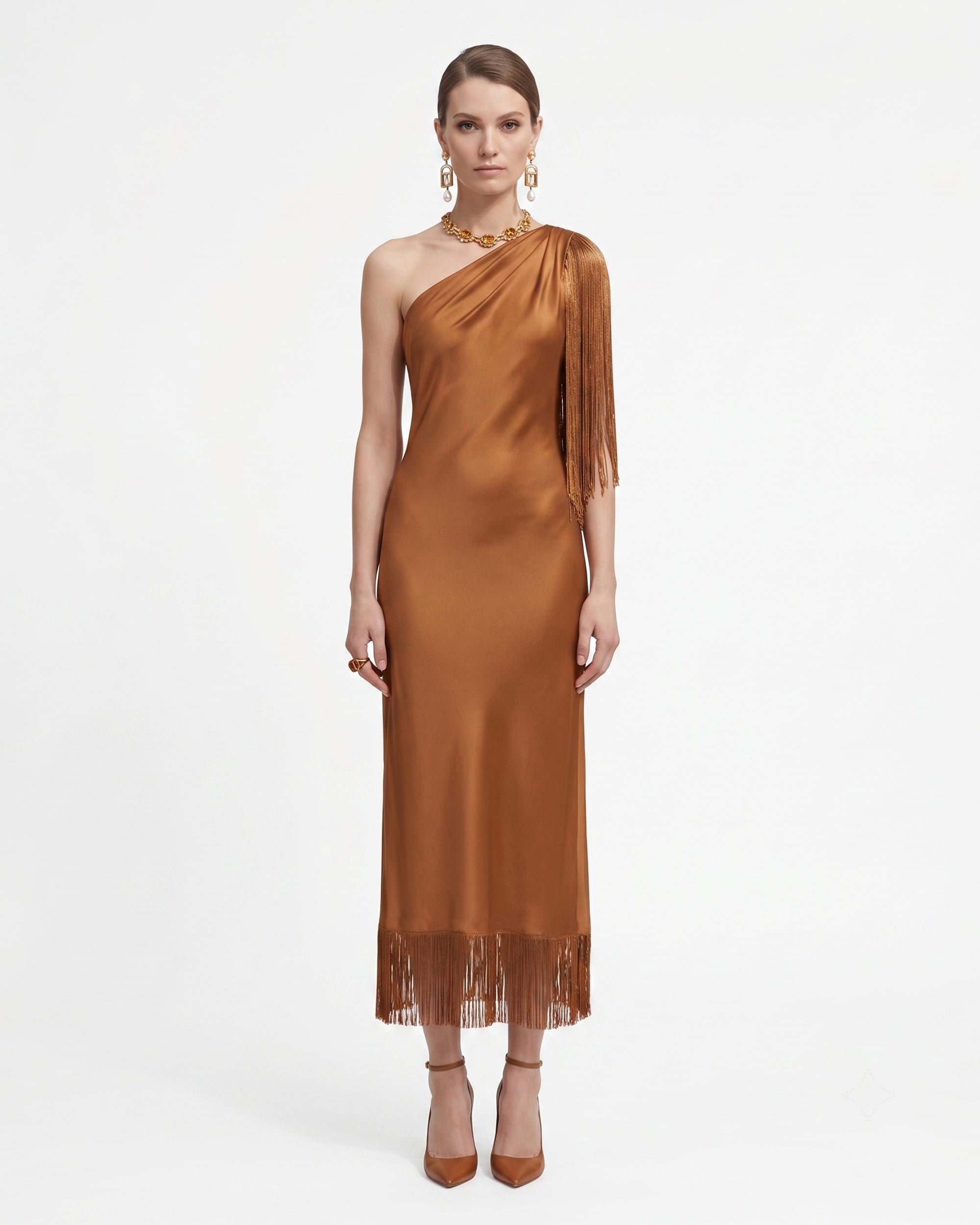 One Shoulder Fringe Midi Dress - Cognac