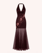 Orchid Embroidered Sheer Hem Halter Maxi Dress - Burgundy