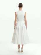 Front V-Neck Pleated Midi Dress - White