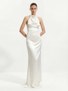 Satin Cowl Neck Ruched Maxi Gown - White