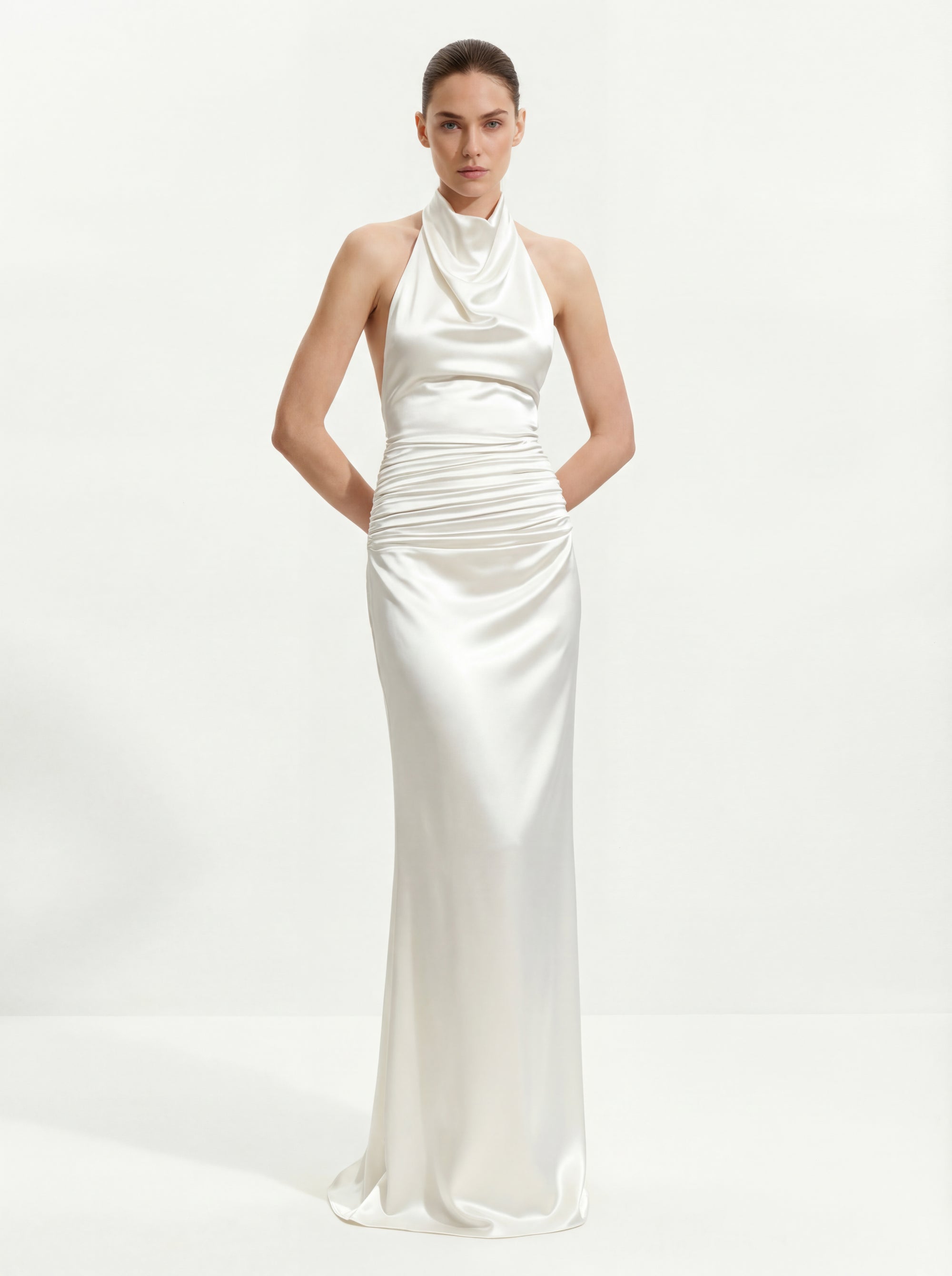 Satin Cowl Neck Ruched Maxi Gown - White