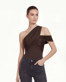 Ruched Asymmetric One-Shoulder Top - Brown