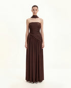 Ruched Panel Strapless Maxi Dress - Brown