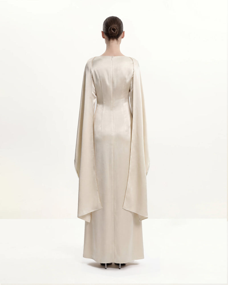 198Pearl-Trimmed Cape Sleeve Boat Neck Maxi Gown-Cream