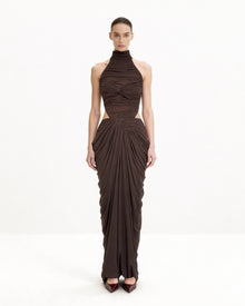 Draped Twist-Front Maxi Skirt - Brown