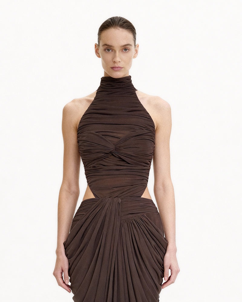Ruched Twist-Front Halter Bodysuit - Brown