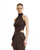 Ruched Twist-Front Halter Bodysuit - Brown