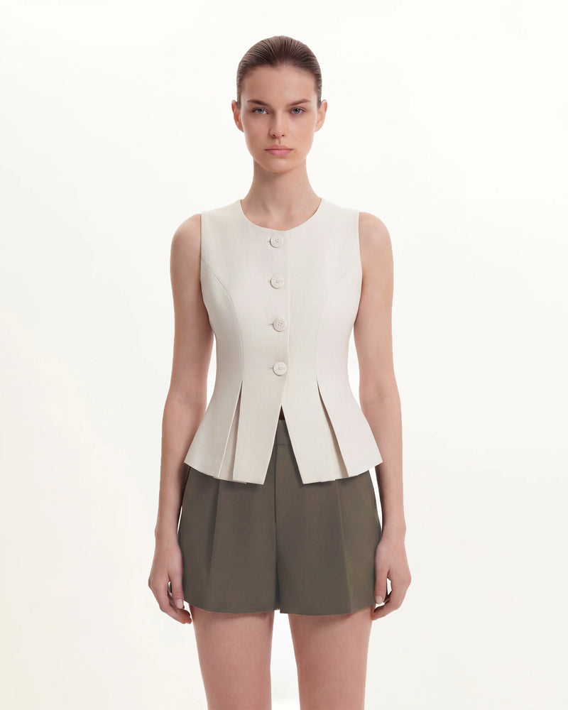 Woven Cotton Tailored Shorts - Green Khaki