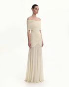 Ruched Off-Shoulder Sheer-Skirt Gown - Cream