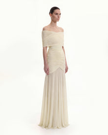 Ruched Off-Shoulder Sheer-Skirt Gown - Cream