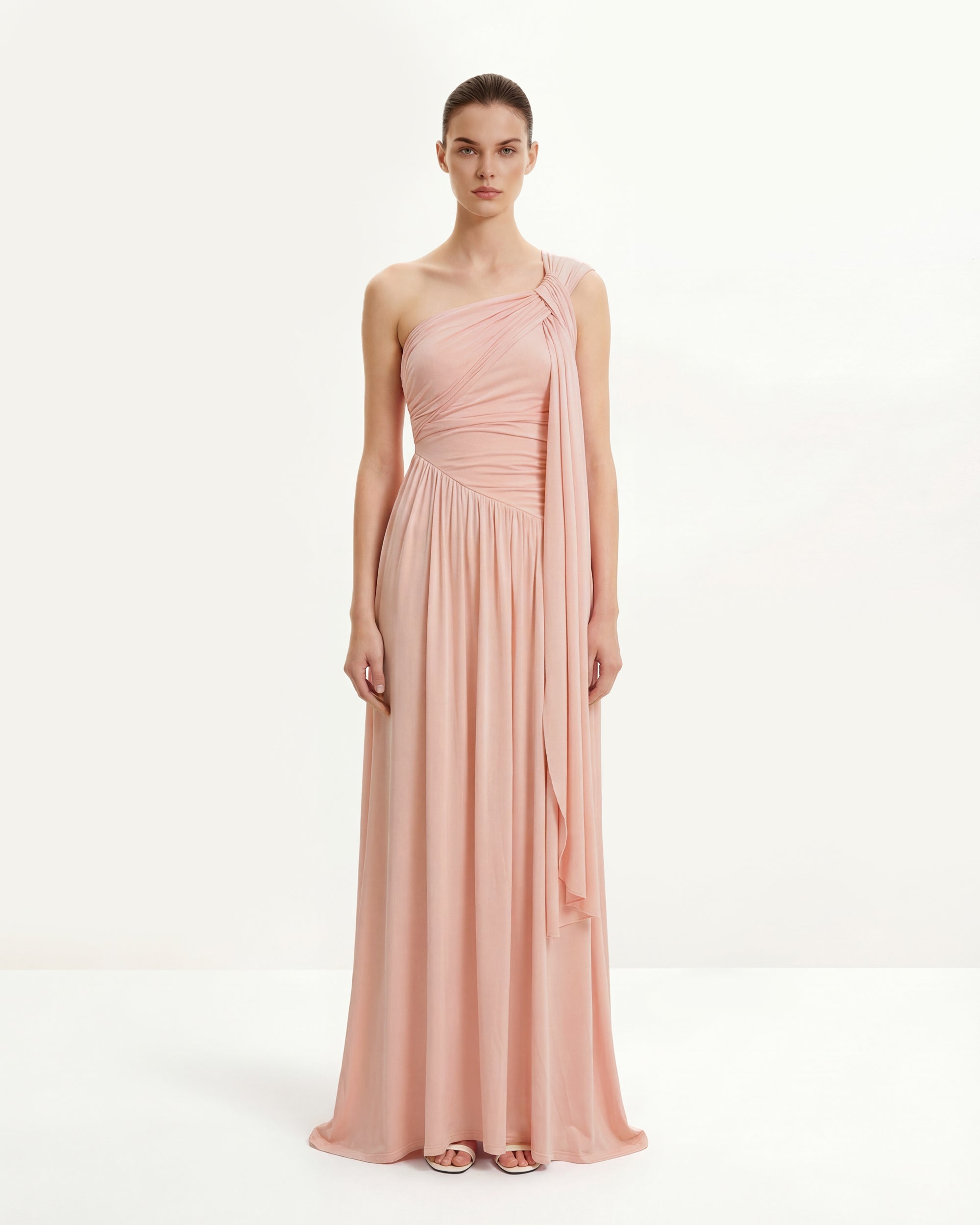 Ruched One-Shoulder Maxi Dress with Trailing Sash - Pink