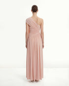 Ruched One-Shoulder Maxi Dress with Trailing Sash - Pink