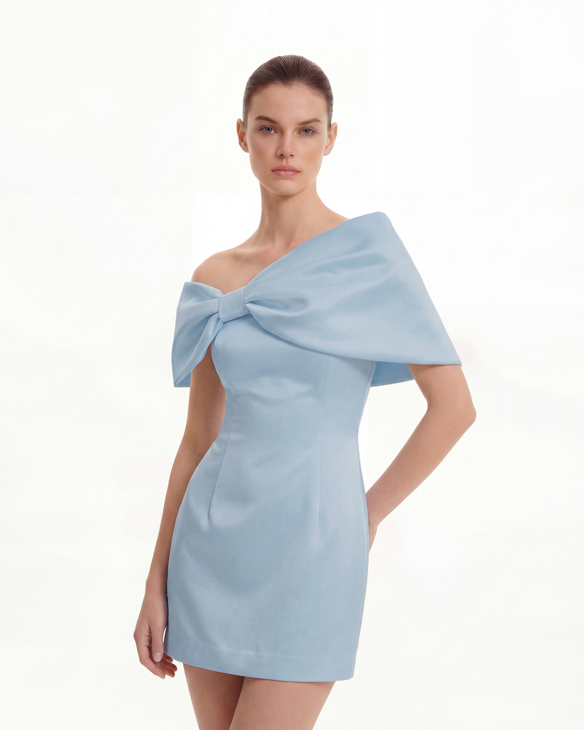 Satin Asymmetric Bow Mini Dress - Blue