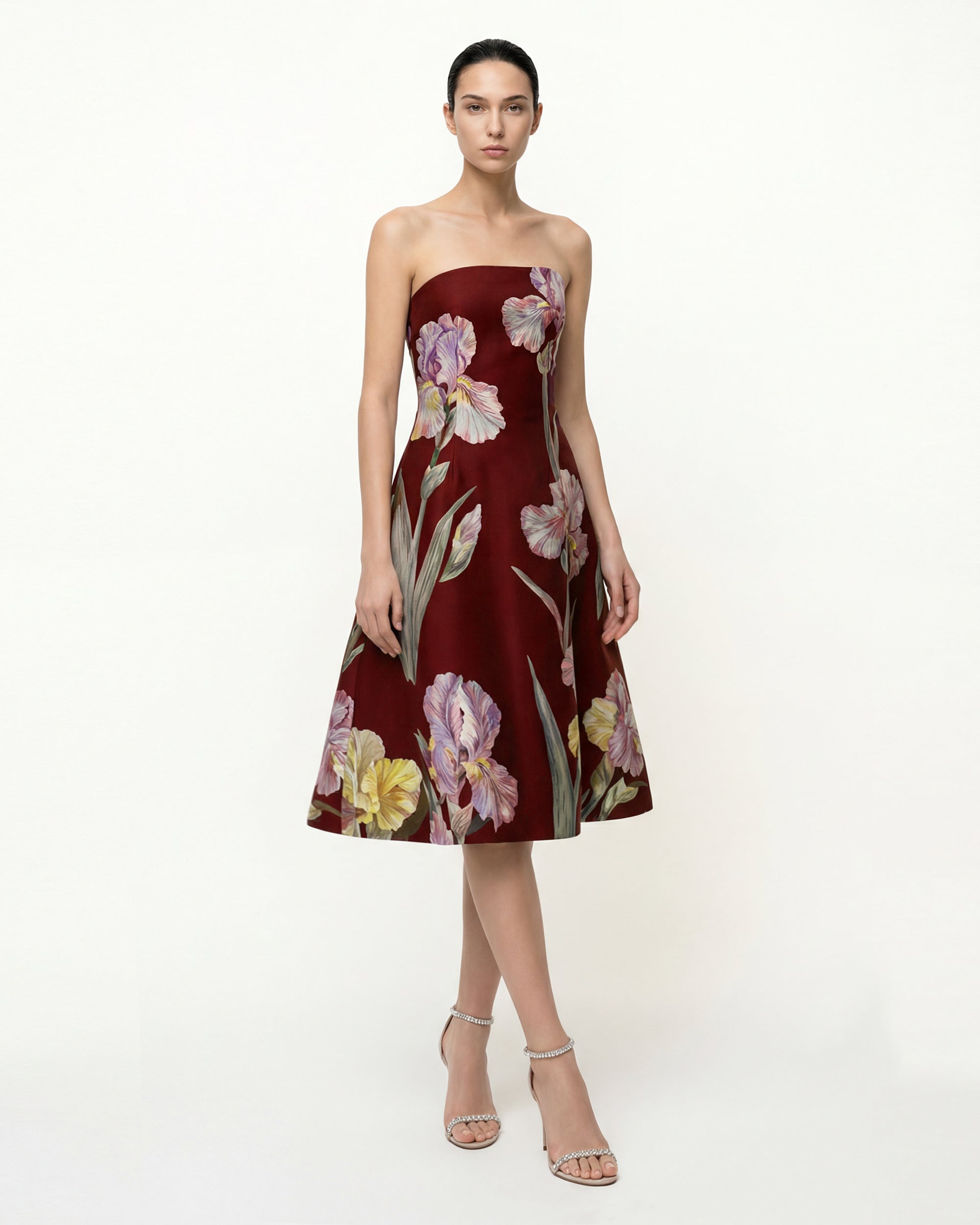 Iris Floral Print Strapless A-Line Dress - Burgundy