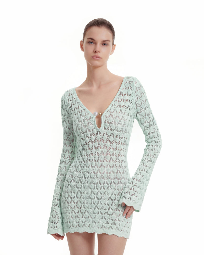 Pointelle Knit Keyhole Mini Dress - Green