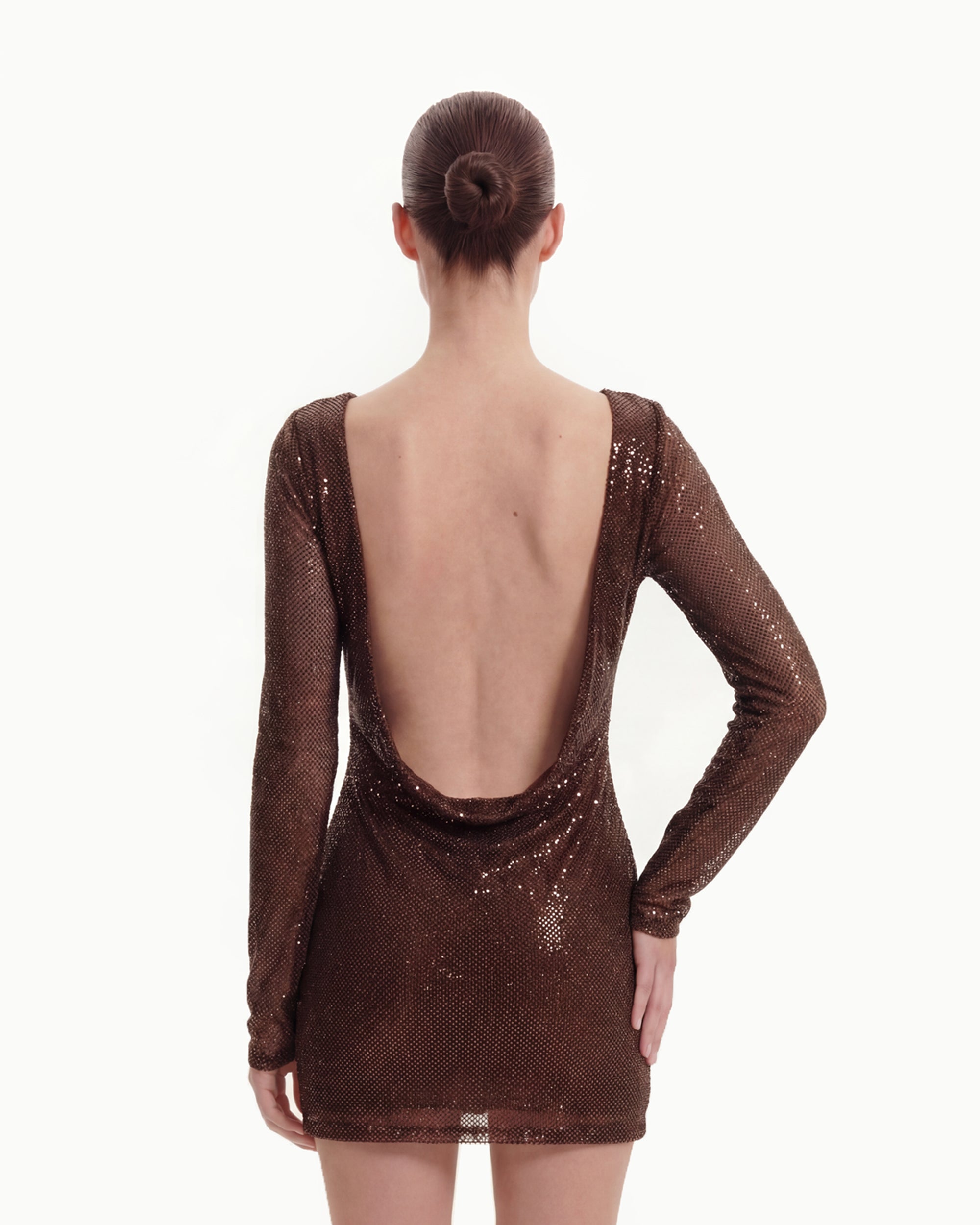 Diagonal Sequin Open-Back Long Sleeve Mini Dress - Brown