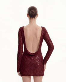 Diagonal Sequin Open-Back Long Sleeve Mini Dress - Claret