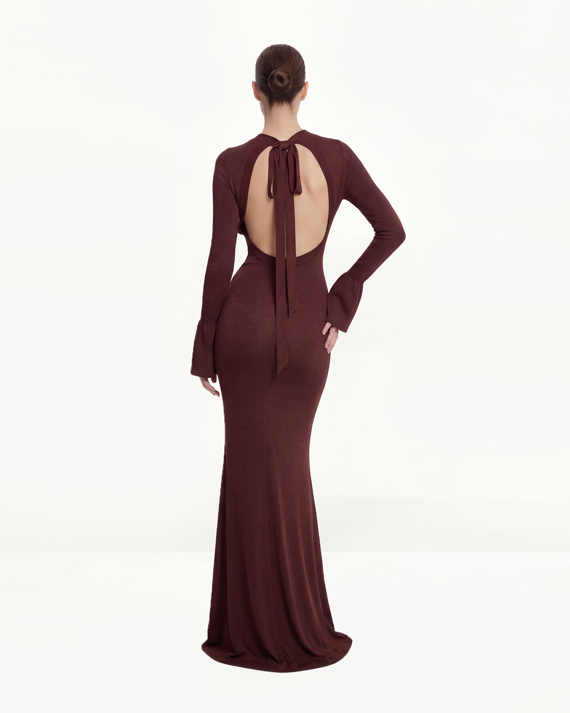 Open-Back Tie-Neck Knitted Maxi Dress - Burgundy