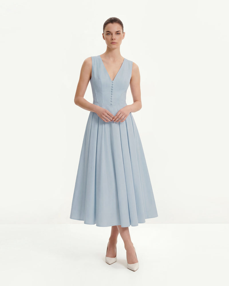 Front V-Neck Pleated Midi Dress - Blue