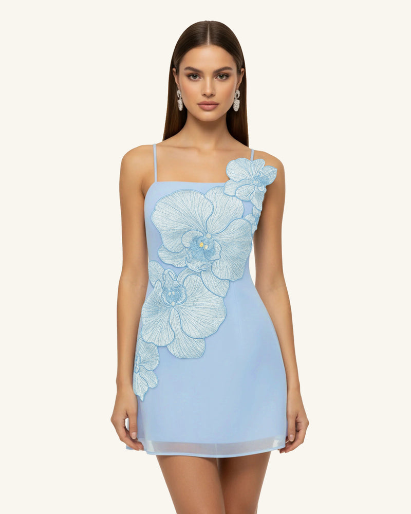 Orchid Appliqué Mini Dress - Blue